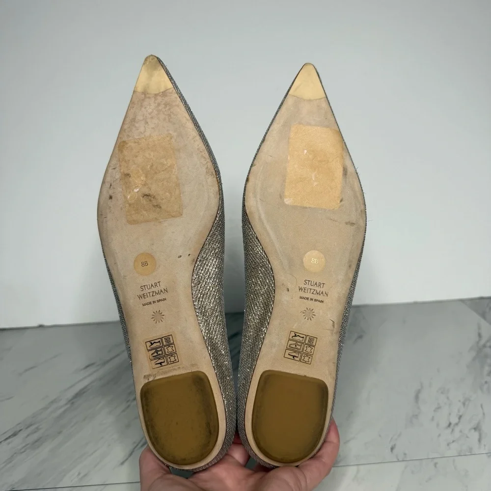 Stuart Weitzman Pointy Toe Gold Sliver Glitter Flat 8B